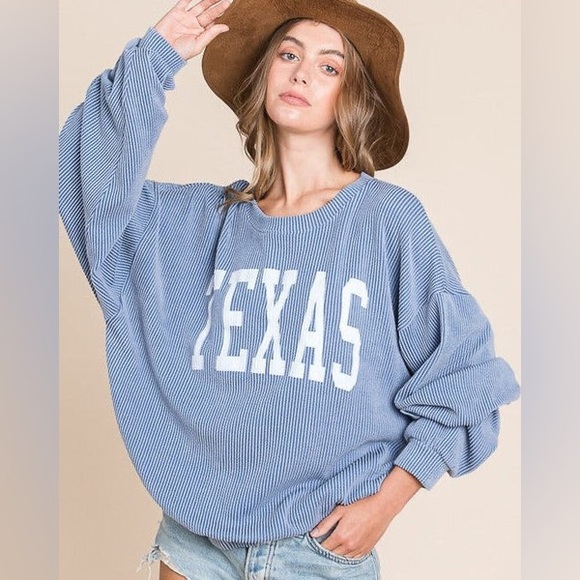 BUCKETLIST Tops - Bucketlist Texas Sweatshirt Rib Cord Comfy Graphic denim blue Size L